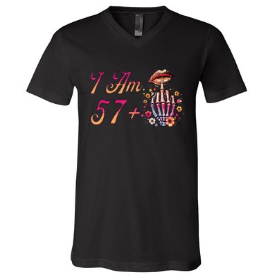 I Am 57 Plus 1 Middle Finger Skull Funny 58th Birthday V-Neck T-Shirt