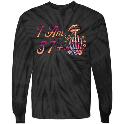 I Am 57 Plus 1 Middle Finger Skull Funny 58th Birthday Tie-Dye Long Sleeve Shirt