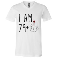 I Am 79 Plus Middle Finger Funny 80th Birthday V-Neck T-Shirt