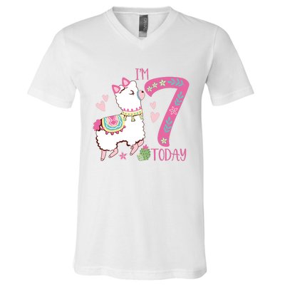 I Am 7 Years Old 7th Birthday Girl Alpaca / Llama V-Neck T-Shirt