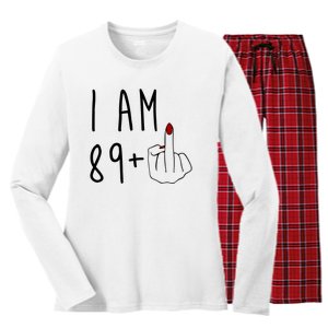 I Am 89 Plus Middle Finger Funny 90th Birthday Women's Long Sleeve Flannel Pajama Set 