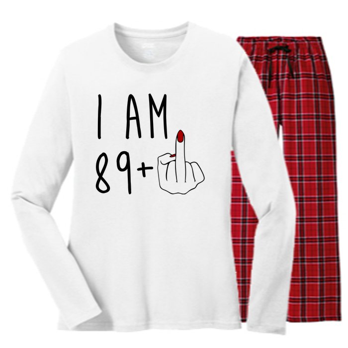 I Am 89 Plus Middle Finger Funny 90th Birthday Women's Long Sleeve Flannel Pajama Set 