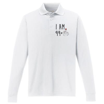 I Am 99 Plus Middle Finger Funny 100th Birthday Performance Long Sleeve Polo