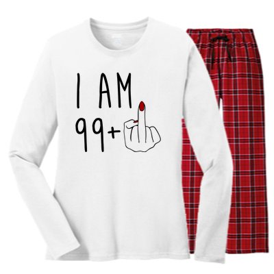 I Am 99 Plus Middle Finger Funny 100th Birthday Women's Long Sleeve Flannel Pajama Set 