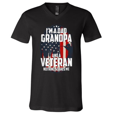 I am a Dad Grandpa and a Veteran Nothing scares me USA Gift V-Neck T-Shirt