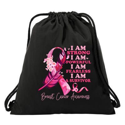I Am A Survivor Breast Cancer Awareness Pink Ribbon Feathers Drawstring Bag