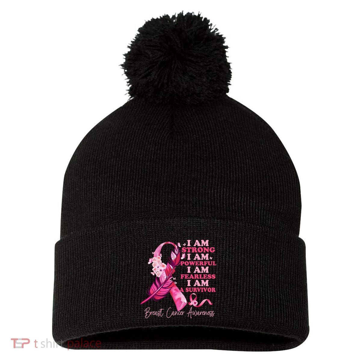 I Am A Survivor Breast Cancer Awareness Pink Ribbon Feathers Pom Pom 12in Knit Beanie
