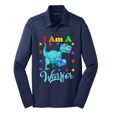 I Am A Warrior Autism Family TRex Dinosaur Autism Awareness Silk Touch Performance Long Sleeve Polo