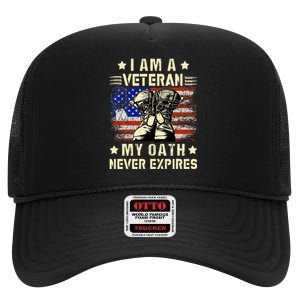 I am A Veteran My Oath Never Expires Veteran Day USA Flag High Crown Mesh Back Trucker Hat