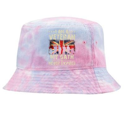 I Am A Veteran My Oath Never Expires Fathers Day Armed Forces Day Patriotic Tie-Dyed Bucket Hat