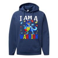 I Am A Warrior Autism Family Dinosaur Autism Awareness Performance Fleece Hoodie