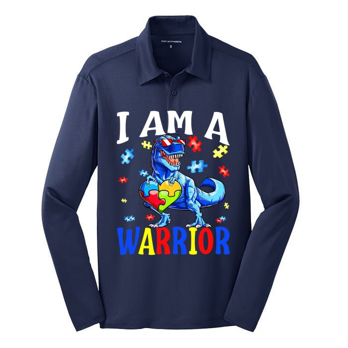 I Am A Warrior Autism Family Dinosaur Autism Awareness Silk Touch Performance Long Sleeve Polo