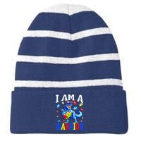 I Am A Warrior Autism Family Dinosaur Autism Awareness Striped Beanie with Solid Band