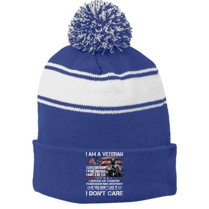 I Am A Veteran I Love Freedom My Country Funny Veteran Gift Stripe Pom Pom Beanie