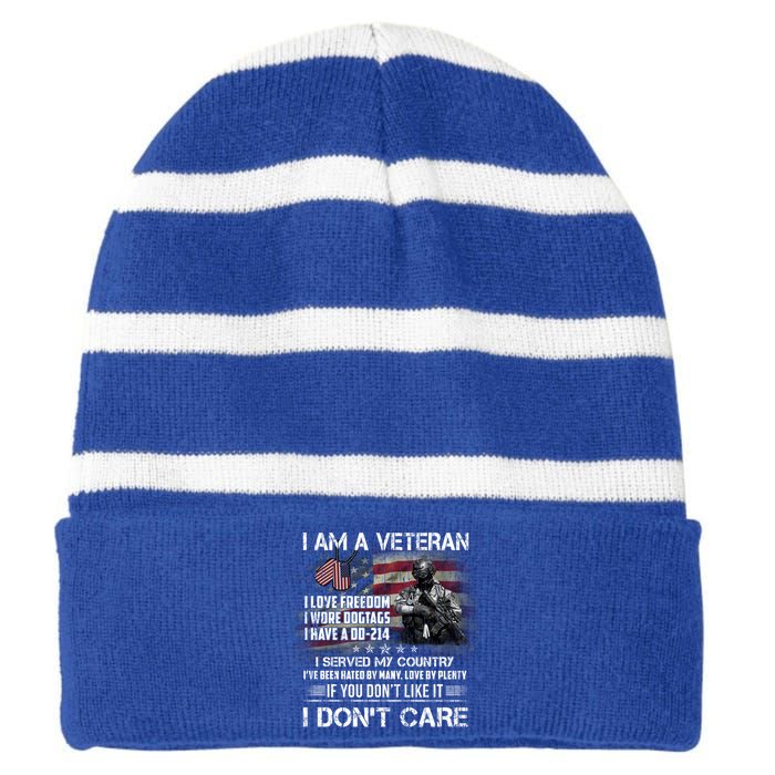 I Am A Veteran I Love Freedom My Country Funny Veteran Gift Striped Beanie with Solid Band