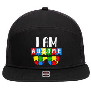 I Am Ausome Autism Puzzle Autism Awareness Month 7 Panel Mesh Trucker Snapback Hat