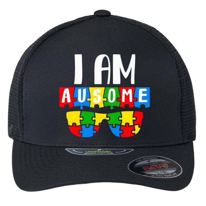 I Am Ausome Autism Puzzle Autism Awareness Month Flexfit Unipanel Trucker Cap