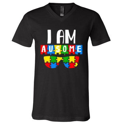 I Am Ausome Autism Puzzle Autism Awareness Month V-Neck T-Shirt