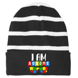 I Am Ausome Autism Puzzle Autism Awareness Month Striped Beanie with Solid Band