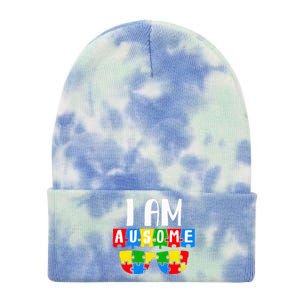 I Am Ausome Autism Puzzle Autism Awareness Month Tie Dye 12in Knit Beanie