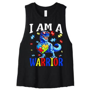 I Am A Warrior Autism Family Dinosaur Autism Awareness Women's Racerback Cropped Tank