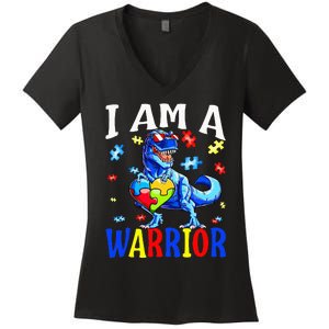 I Am A Warrior Autism Family Dinosaur Autism Awareness Women's V-Neck T-Shirt