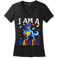 I Am A Warrior Autism Family Dinosaur Autism Awareness Women's V-Neck T-Shirt