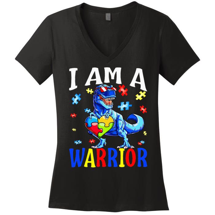 I Am A Warrior Autism Family Dinosaur Autism Awareness Women's V-Neck T-Shirt