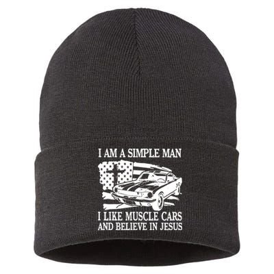 I Am A Simple Man I Like Muscle Cars And Believe In Jesus Sustainable Knit Beanie