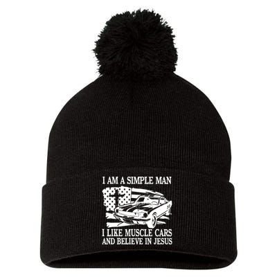 I Am A Simple Man I Like Muscle Cars And Believe In Jesus Pom Pom 12in Knit Beanie