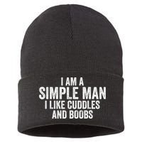 I Am A Simple Man I Like Cuddles And Boobs Funny Sarcasm Sustainable Knit Beanie