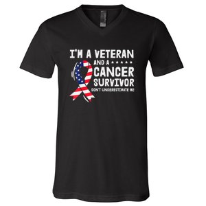 I Am A Veteran And A Cancer Survivor Ribbon V-Neck T-Shirt