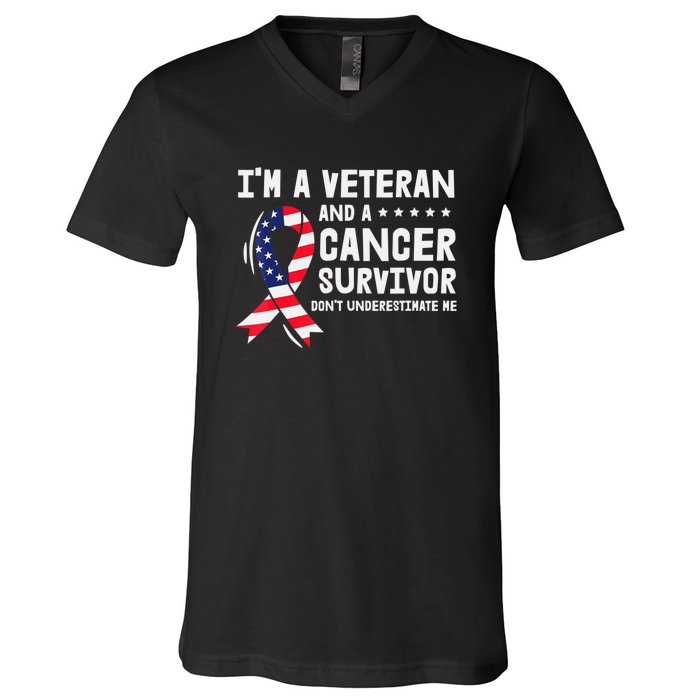 I Am A Veteran And A Cancer Survivor Ribbon V-Neck T-Shirt