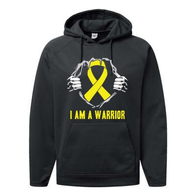 I Am A Warrior Childhood Cancer Awareness Gold Ribbon Gifts Performance Fleece Hoodie