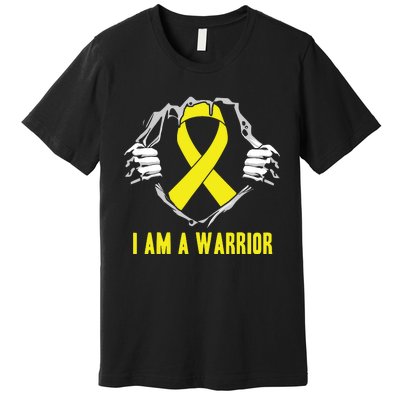 I Am A Warrior Childhood Cancer Awareness Gold Ribbon Gifts Premium T-Shirt