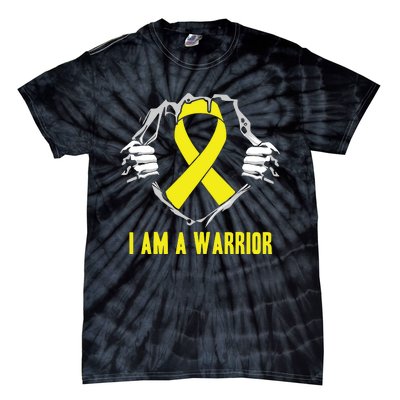 I Am A Warrior Childhood Cancer Awareness Gold Ribbon Gifts Tie-Dye T-Shirt