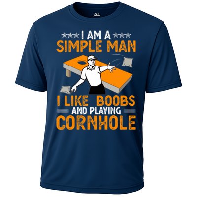 I Am A Simple Man I Like Boobs and Playing Cornhole Gift Cooling Performance Crew T-Shirt