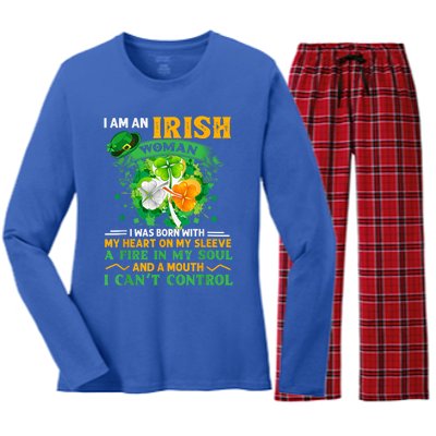 I Am An Irish I Was Born With My Heart On My Sleeve Funny Gift Women's Long Sleeve Flannel Pajama Set 