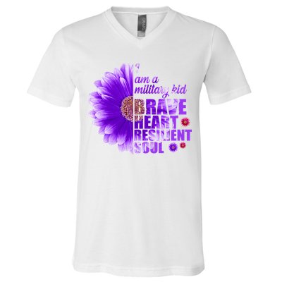I Am A Military Child Brave Heart Resilient Soul Sunflower V-Neck T-Shirt