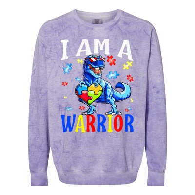 I Am A Warrior Autism Family Dinosaur Autism Awareness Colorblast Crewneck Sweatshirt