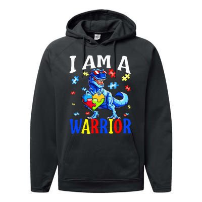 I Am A Warrior Autism Family Dinosaur Autism Awareness Performance Fleece Hoodie