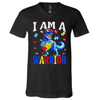 I Am A Warrior Autism Family Dinosaur Autism Awareness V-Neck T-Shirt