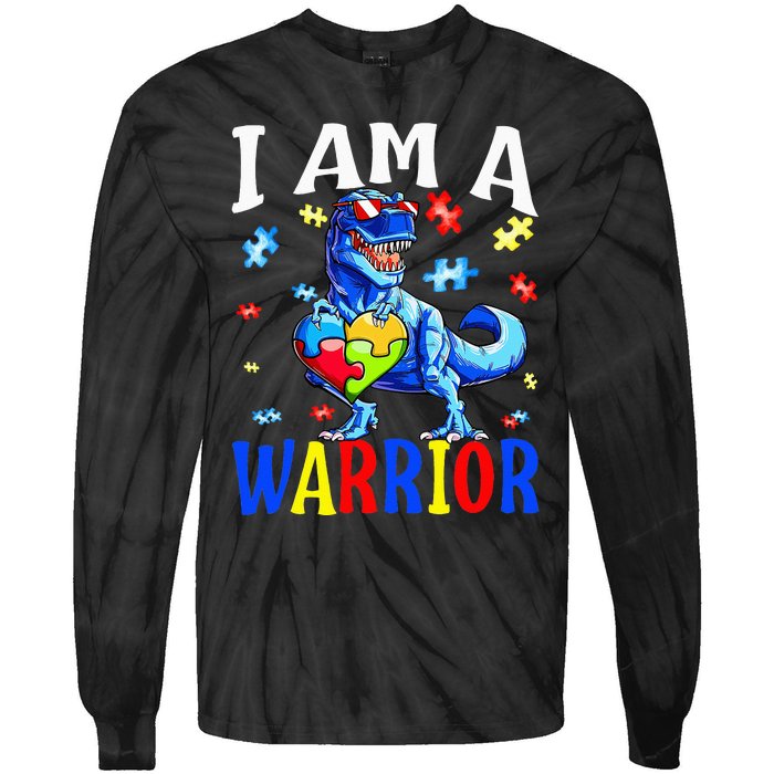 I Am A Warrior Autism Family Dinosaur Autism Awareness Tie-Dye Long Sleeve Shirt