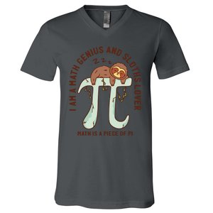 I Am A Math Genius And Sloths Lover Math Is A Piece Of Pi V-Neck T-Shirt