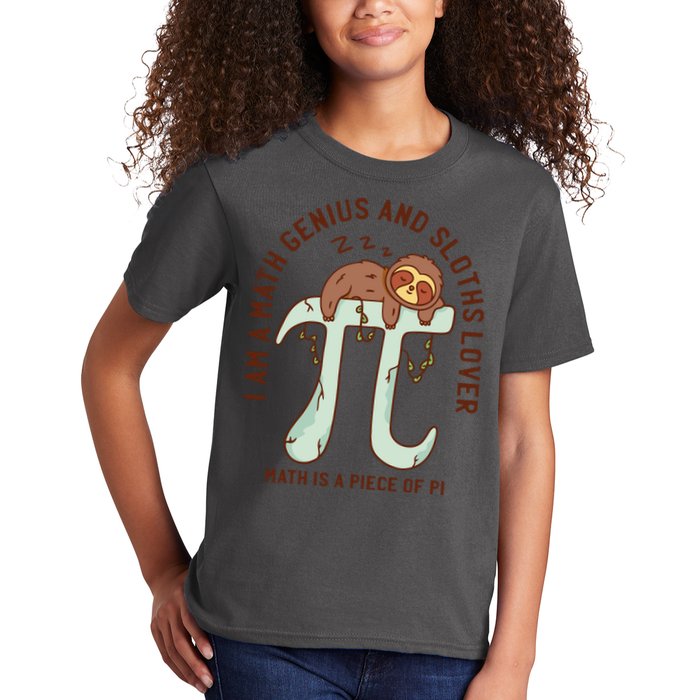 I Am A Math Genius And Sloths Lover Math Is A Piece Of Pi Kids T-Shirt