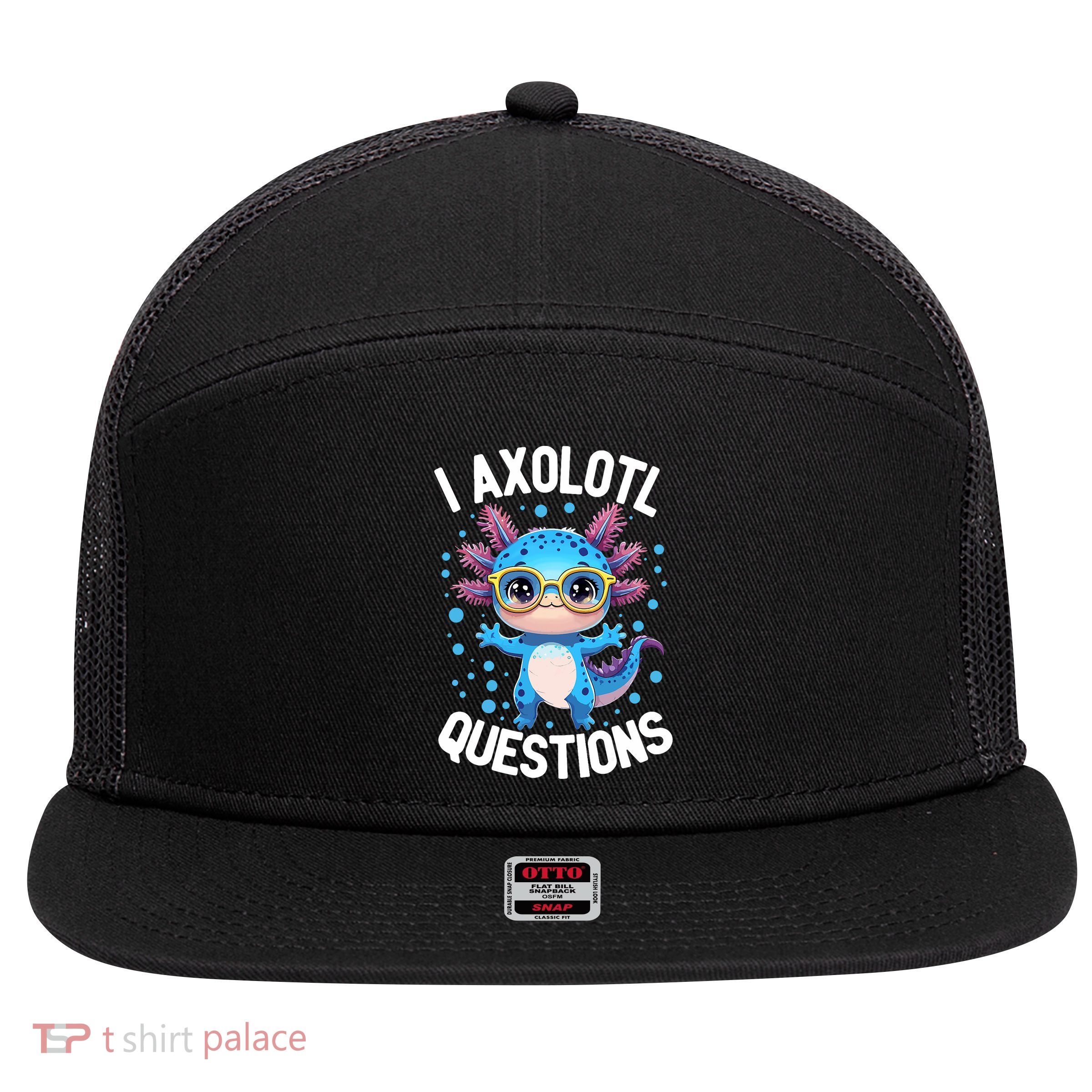I Ask Axolotl Questions Funny  Cute Salamander  7 Panel Mesh Trucker Snapback Hat