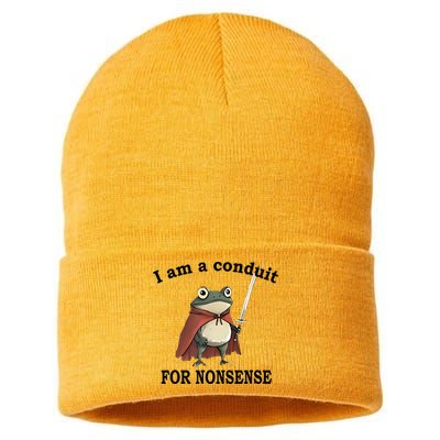I Am A Conduit For Nonsense Funny Frog With Sword Sustainable Knit Beanie