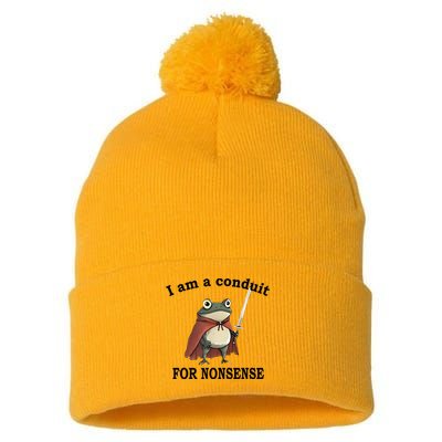 I Am A Conduit For Nonsense Funny Frog With Sword Pom Pom 12in Knit Beanie