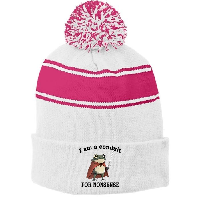 I Am A Conduit For Nonsense Funny Frog With Sword Stripe Pom Pom Beanie
