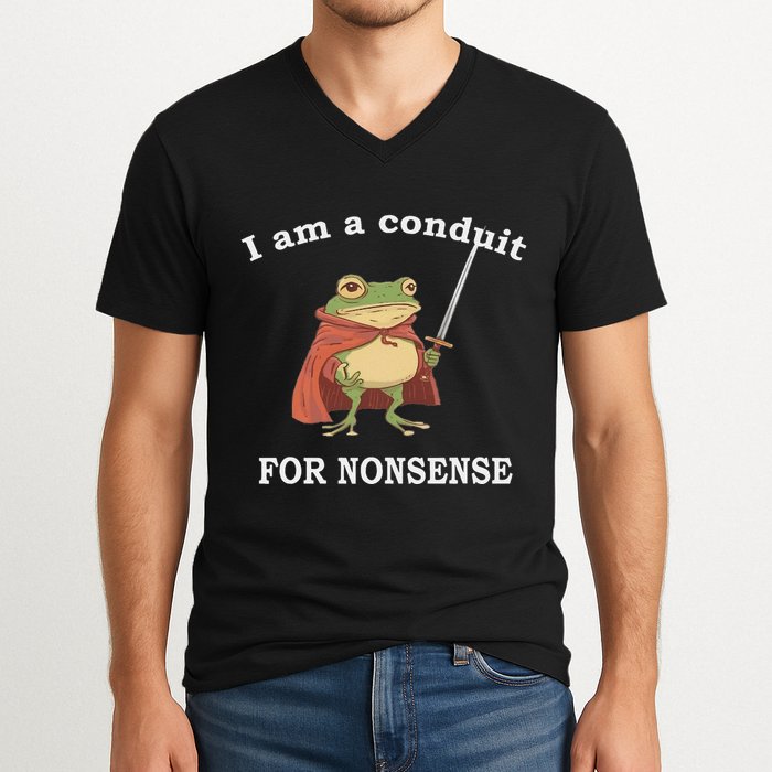 I Am A Conduit For Nonsense Funny Frog With Sword And Red V-Neck T-Shirt